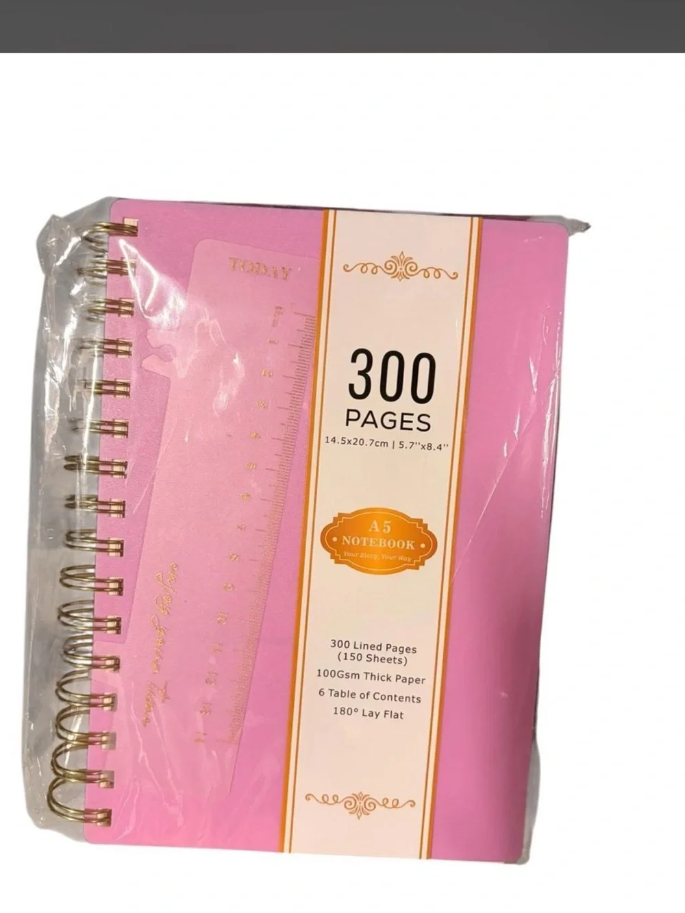 NWT- Pink A5 Spiral Notebook with Ruler - 300 Pages